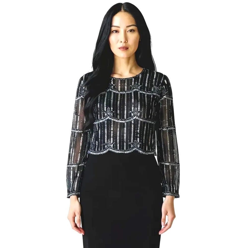 Ste'nay 90s Vintage Black Silk Hand-Beaded Sequin Blouse Evening Party Top L